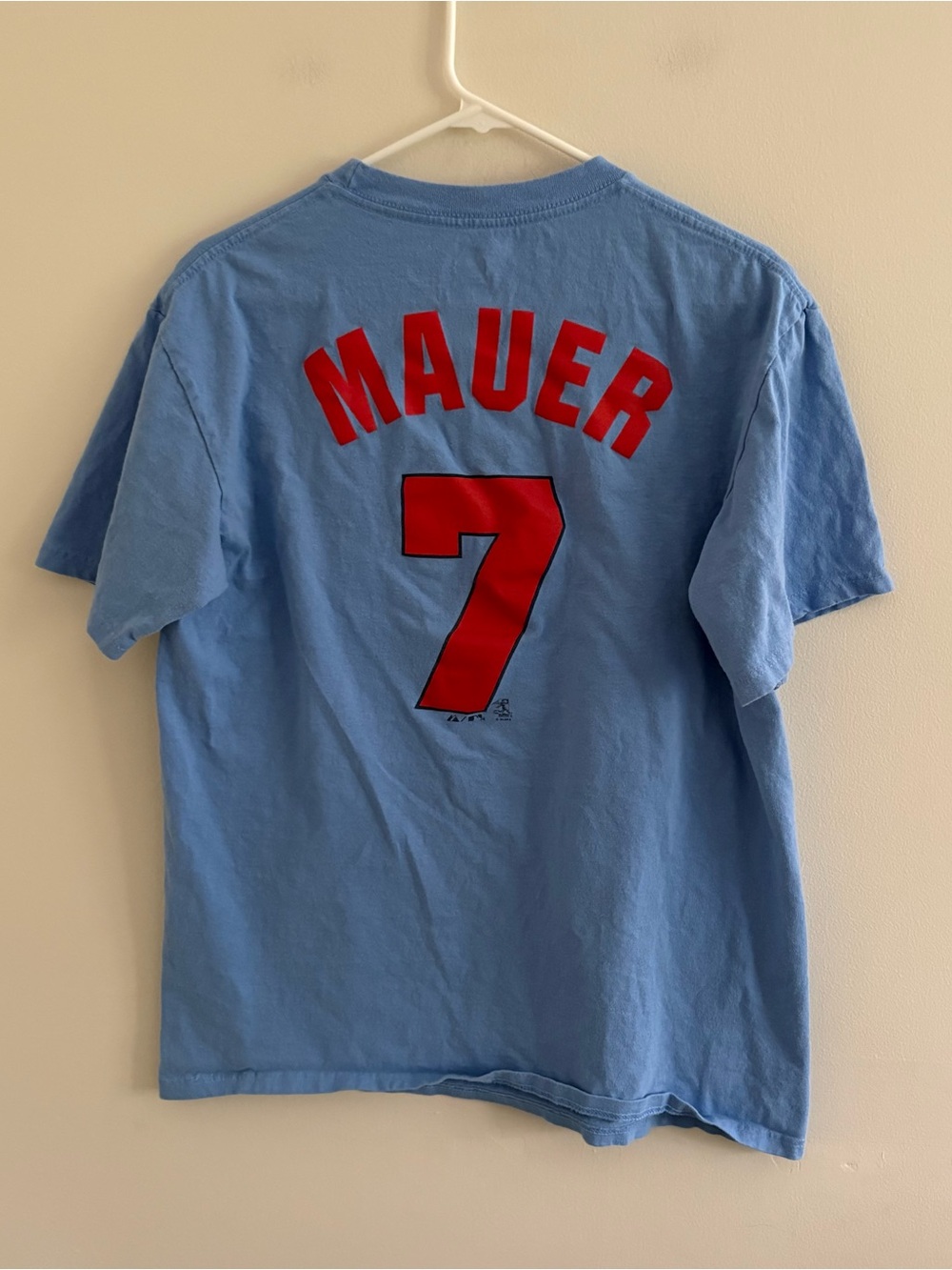 Majestic Adult Large Baby Blue Tshirt Joe Mauer Minnesota Twins Baseball P7